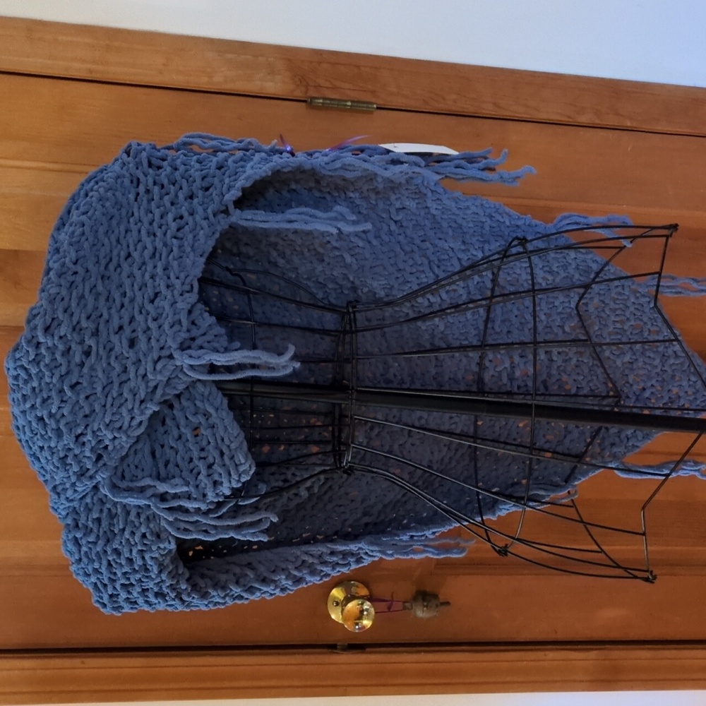 Hand Knit Thick Acrylic Triangle Shawl Wrap Scarf With FRINGE Tassel Blue